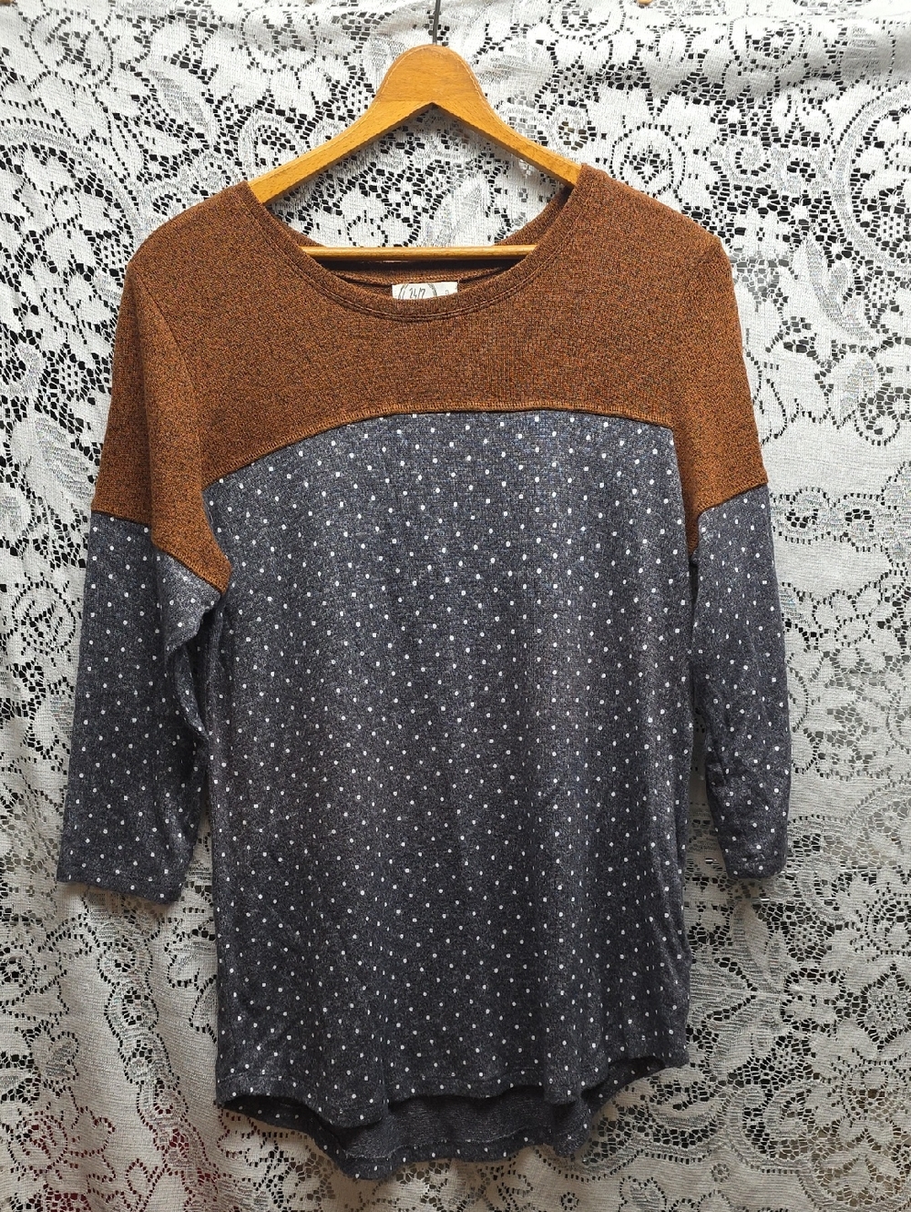 Maurices Brown and Gray Polka Dot Contrast Yoke Tunic